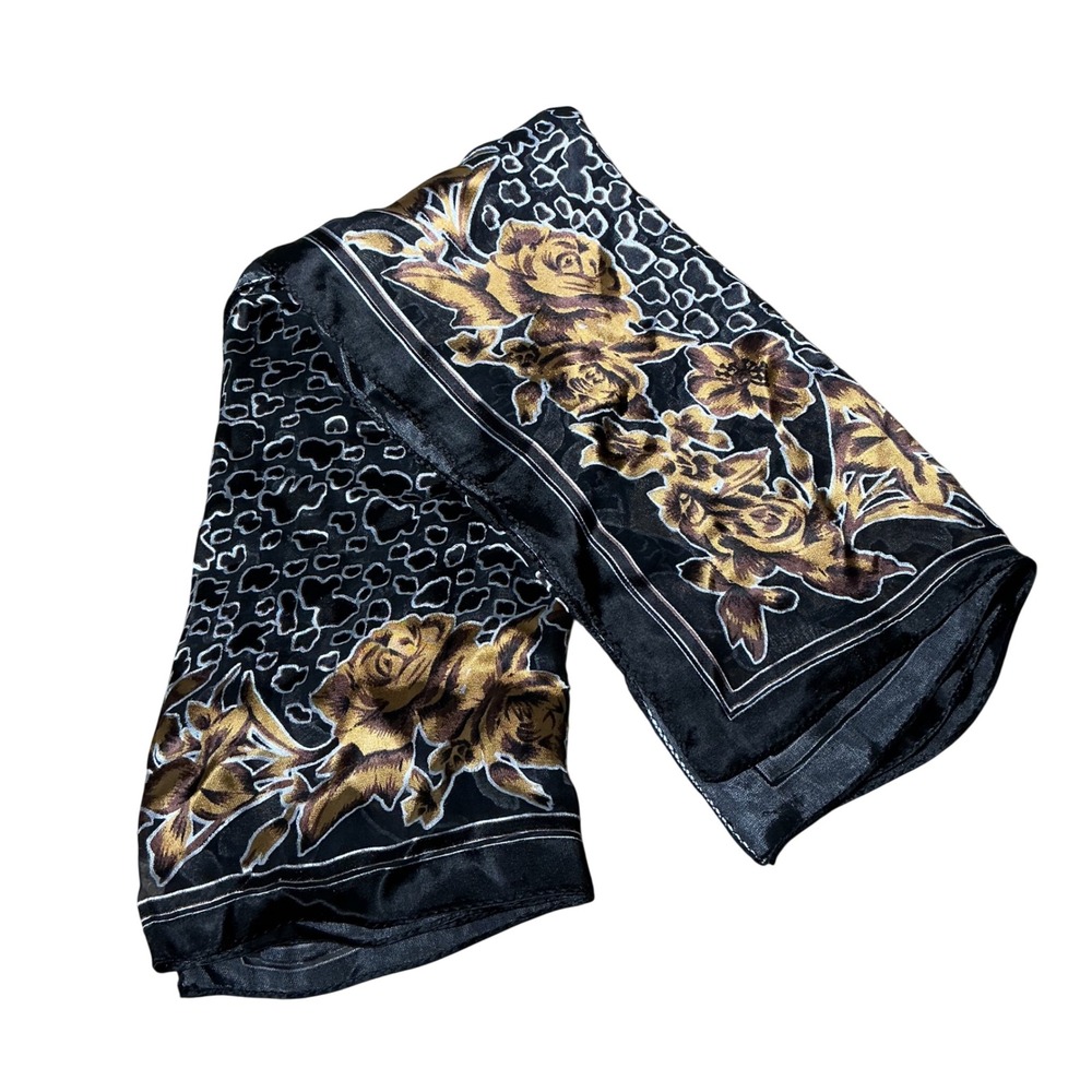 Unbranded Floral Leopard Print Square Scarf Womens OS Black Gold Sheer Silk Feel
